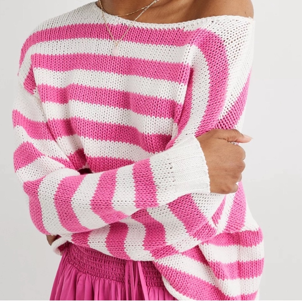 Aerie Off The Shoulder Sweater Pink and White Stripped Knit